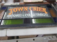 Colored Glass Window with Town Crier Antiques