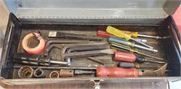 Vintage Metal Toolbox with Some Assorted Tools