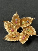 Vintage leaves brooch with colorful rhinestones