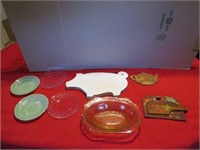 Depression Glass Bowl, Plates, Pig Cutting Board