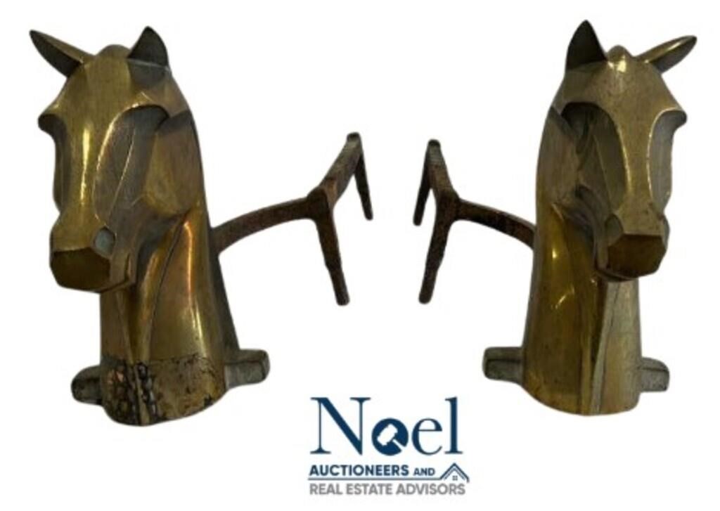 A Pair Of Antique Brass Horse Head Cast Iron Fire