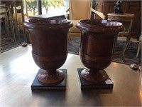 Pair of decorative burled wood marble urns