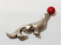 Seal with Ball Brooch Signed Lang Sterling Silver