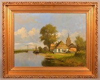 European Village on the Water Oil on Artist Board.
