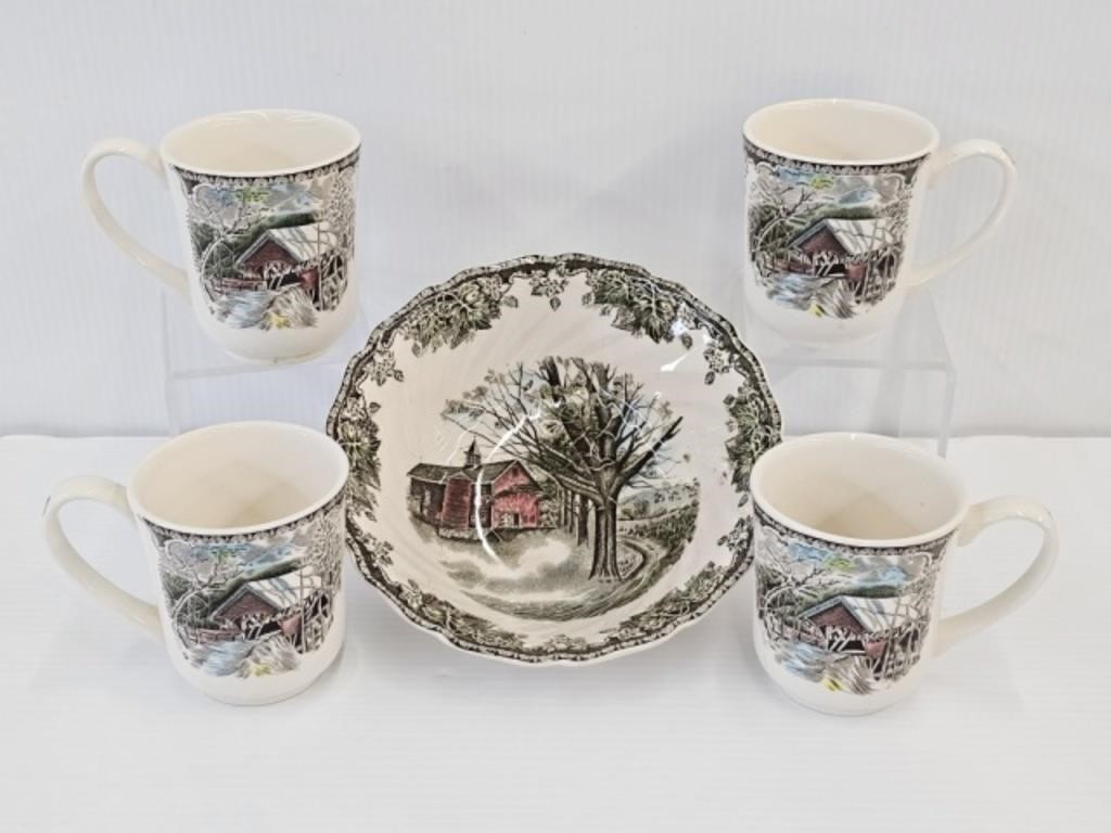 4 JOHNSON BROS. MUGS  & BOWL "AUTUMN MIST" - 8.5"