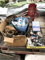 Box of Electrical Supplies, Booster Cable Clamps &