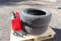 Tires, gas can & hitch adapter