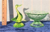 2 pcs Green Vaseline Glass Duck & Small Compote