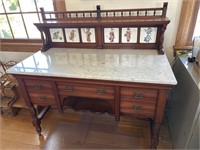Marble-Top Wooden Desk with Tile Inlays