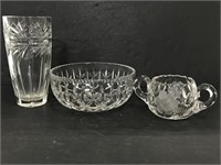 Trio of vintage cut glass decorative bowl & vases