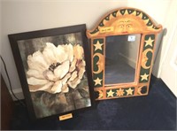 WOOD FRAMED MIRROR AND MAGNOLIA FLOWER PAINTING