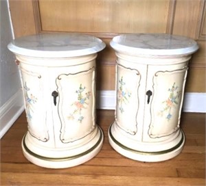 Pair Round Marble Top Accent Tables