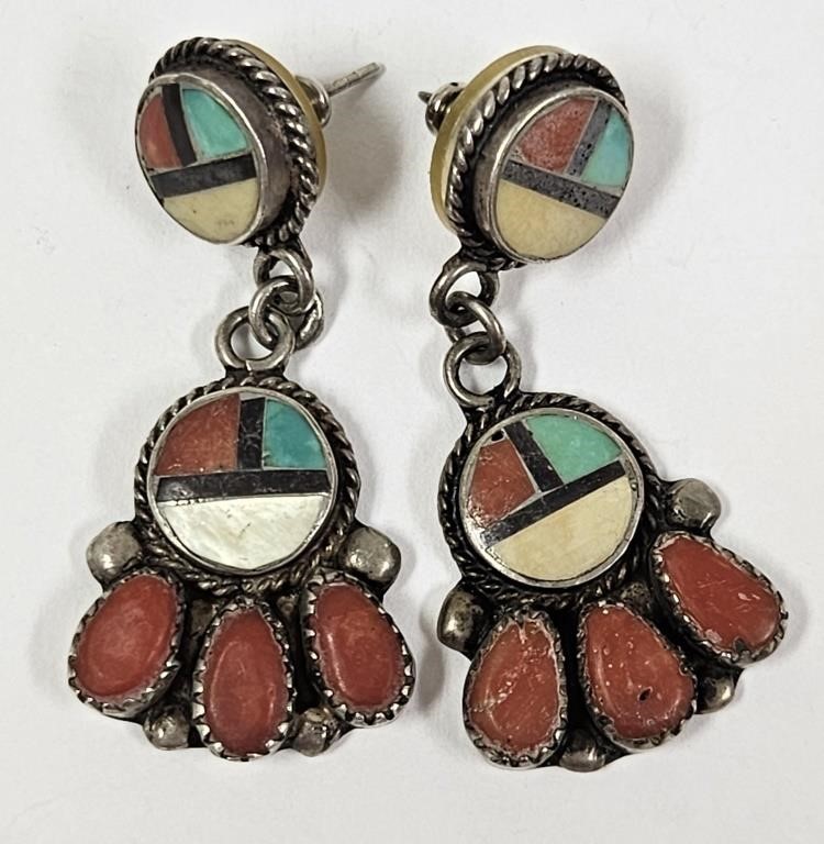 Zuni Turquoise Coral Shell Sterling Earrings