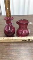 Pink glass pitcher & vase