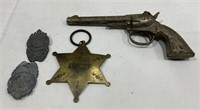Antique Metal Toy Gun, Sheriff's Badge Keychain &