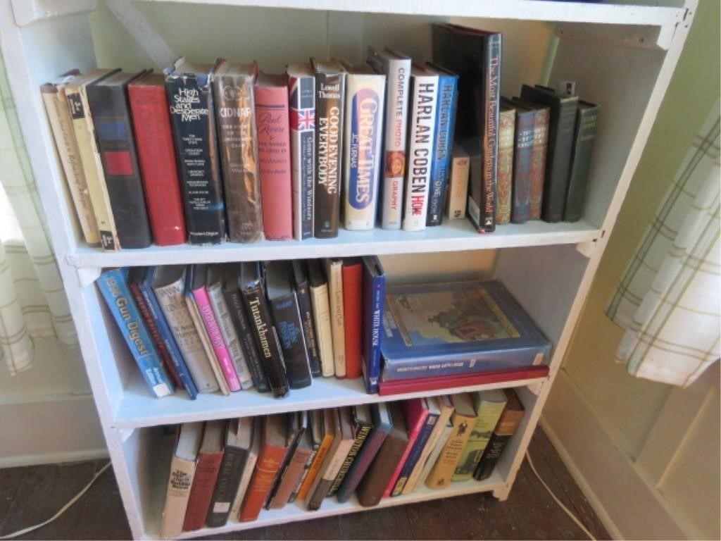 WHITE BOOK SHELF AND BOOKS - CONTENTS ON TOP SHELF