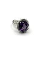 Sterling Silver Natural Amethysts Ring, Size 7.5,