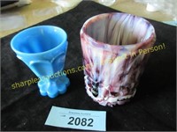 Antique purple slag & blue art glass vases