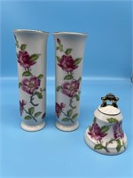 Lefton Handpainted Bud Vases & Bell