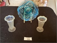 2 clear Hobnail opalescent vases & blue plate