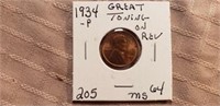 1934P Lincoln Cent Red MS64