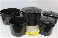 Set 5 Vintage Black Enamelware Pots