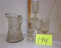 nice etched pitcher/4 candlewick goblets