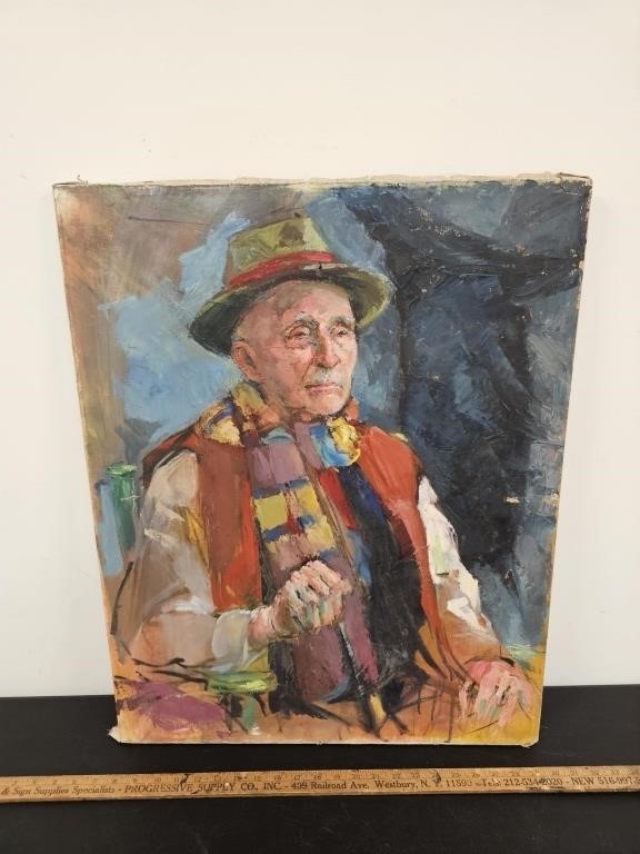 Old Oil On Canvas- Old Man w Colorful Clothes-