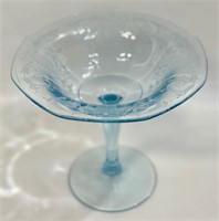 PRETTY 1930'S ETCHED BLUE GLASS FOOTED COMPOTE