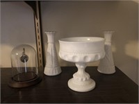 MILK GLASS CANDY DISH AND VASES AND A SMALL