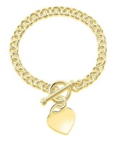 14K Yellow Gold Pl Link Heart Charm Bracelet