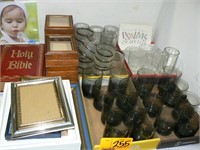 4 FLATS GLASSWARE, NEW SMALL PICTURE FRAMES,