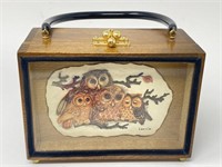Vintage Wooden Box w/ Signed Enameled Owl Art