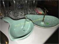 POTTERY GRAVY BOAT AND CANDY DISH