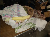 Laundry Basket w/ Tablecloths & Other