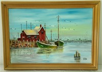 Painting on Canvas - Boat Scene - Signed ERN