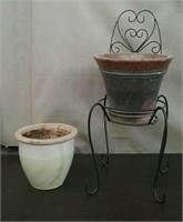 2 Glazed Planters & Chair Planter Stand