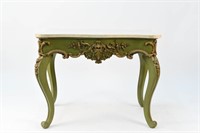 GREEN GOLD PAINTED FRENCH MARBLE TOP TABLE