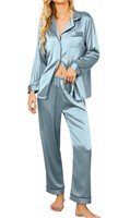 (Size: L - blue) Ekouaer Silk Satin Pajamas