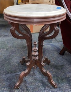 ROUND ANT. VICTORIAN WALNUT MARBLE TOP TABLE