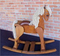 Vintage Wood & Leather Rocking Horse 37" tall 43"