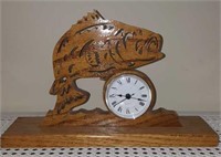 Oak carved wood fish clock, battery operated