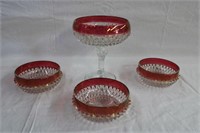 Pedestal 7.5" dish,  3 - 5" bowls with cranberry