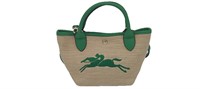 Beige Grass Woven Green Leather Small Tote