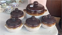 Stoneware Bean Pot and Four Small Pots