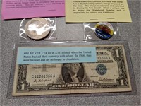 Silver certificate, Ike dollar, and painted Half