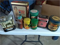 Box lot of older tins and salt shakers