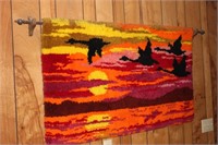 Hooked Rug with Geese and Sunset