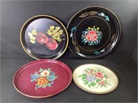 Vintage Round Metal Serving Trays Hand Painted