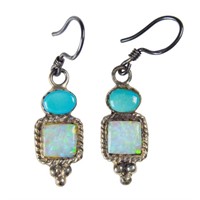 Signed Turquoise & Fire Opal Sterling Earrings